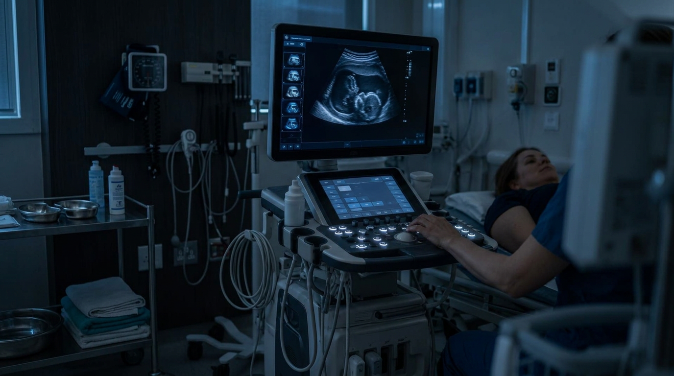Ultrasound machine control panel and diagnostic display in a hospital scanning room