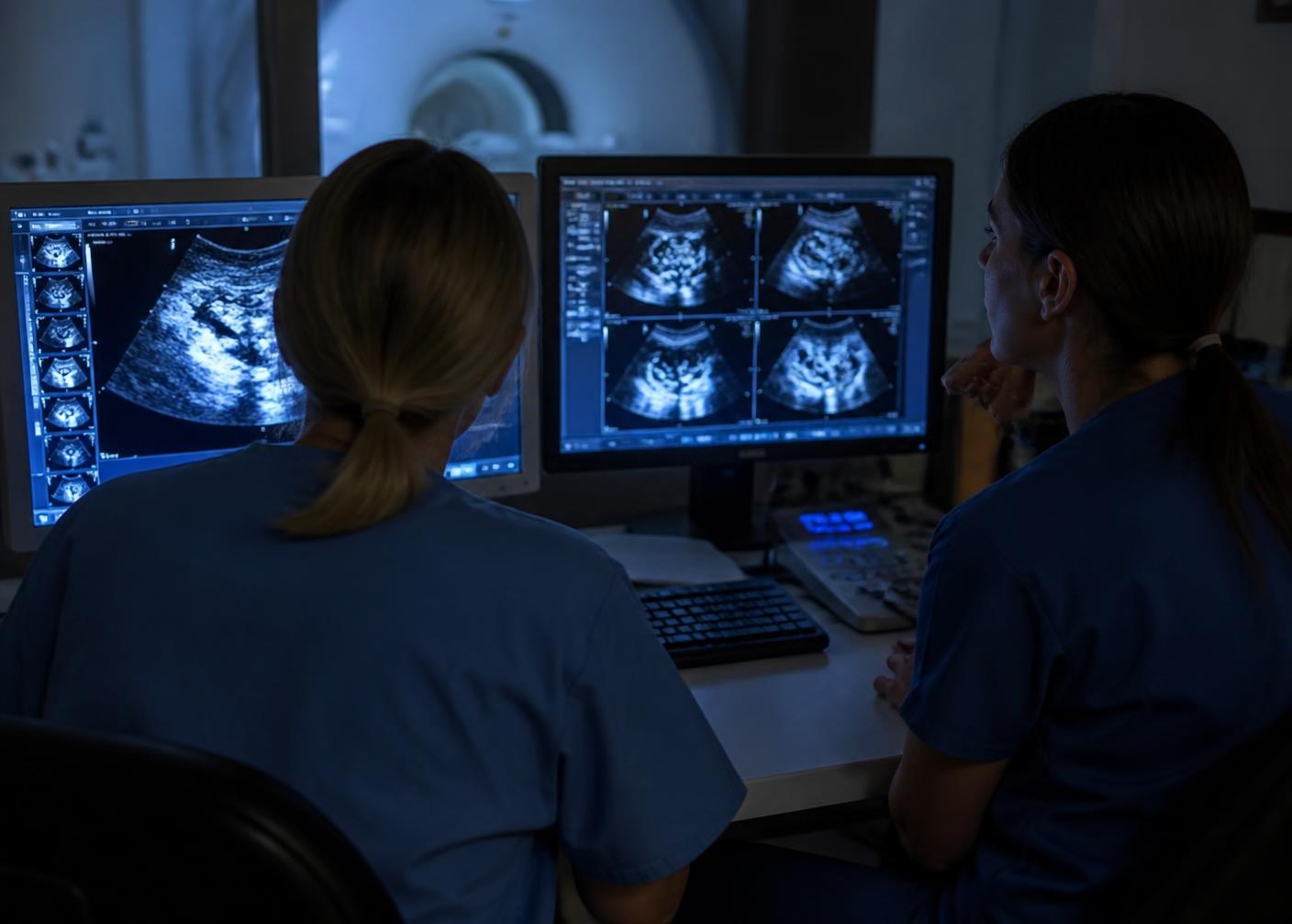Two healthcare professionals reviewing diagnostic ultrasound images at a reporting workstation